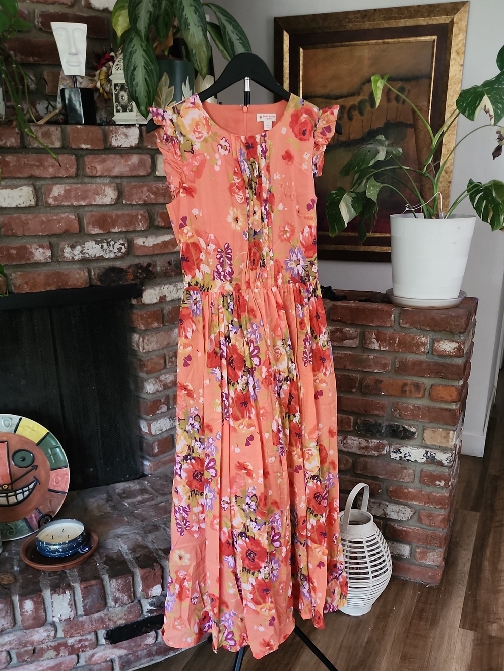 Brooks Brothers Floral Maxi Dress Orange Sleeveless Cotton Garden Party M